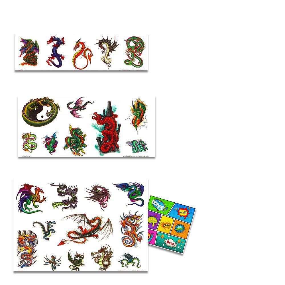 dragon temporary tattoos party favor set -- 75 dragons temporary tattoos with popart stickers (dragon party supplies)