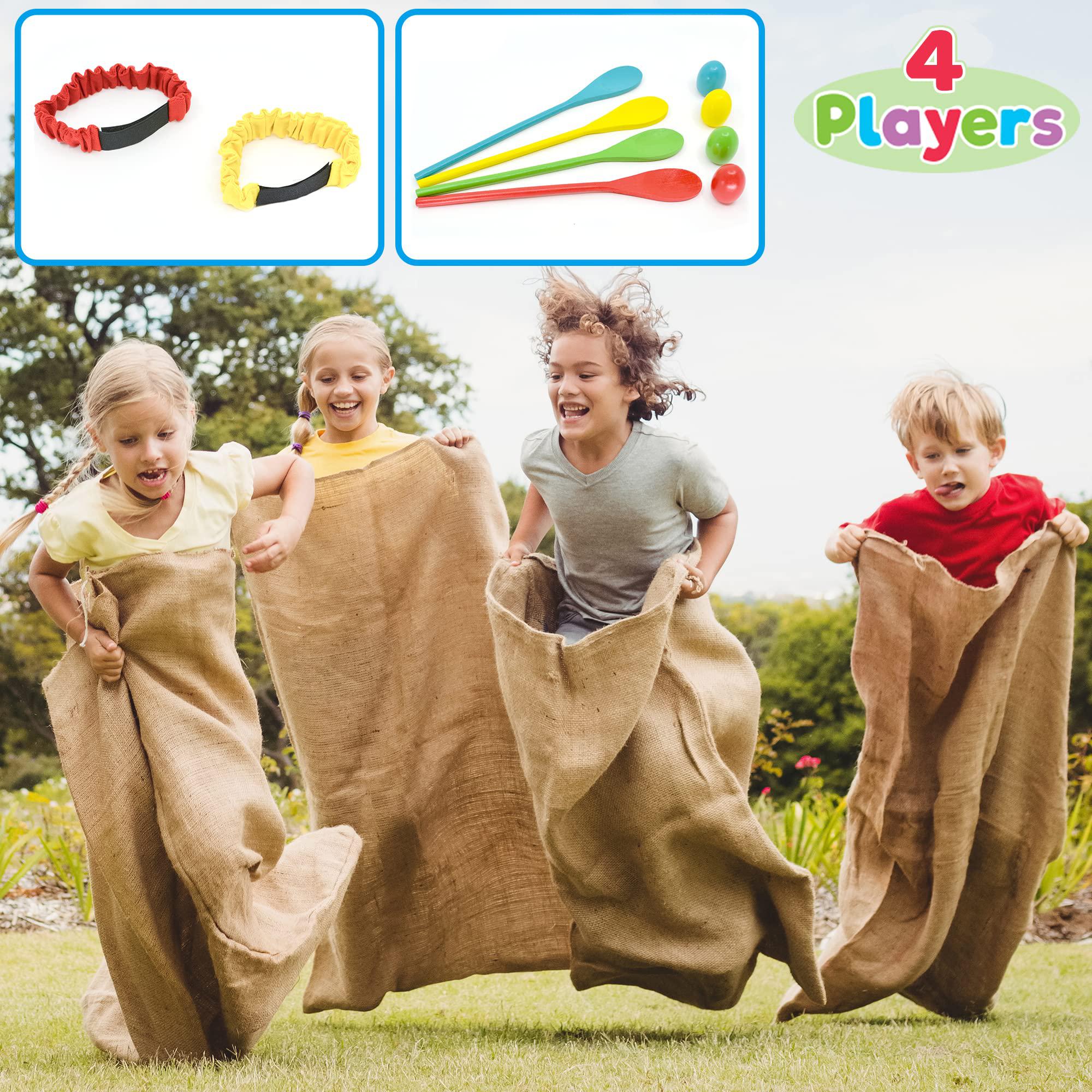 joyin 4 players outdoor lawn games; potato sack race bags, egg and spoon race games, legged relay race bands elastic tie rope