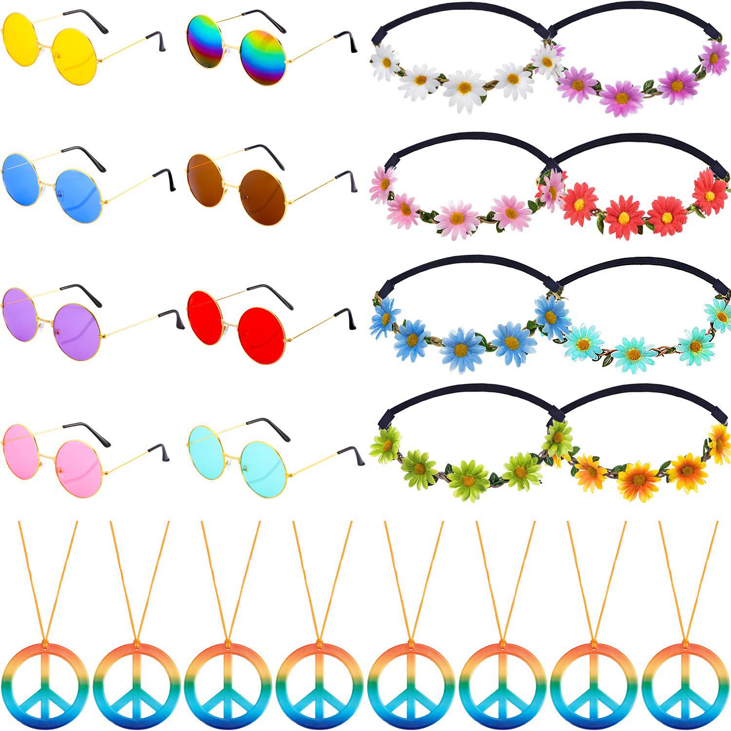 Frienda frienda 24 pieces hippie costume accessories 60s 70s party  decorations hippie set includes peace sign necklaces daisy sunflow