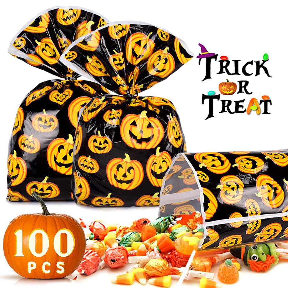 HANPURE halloween treat bags party favors - 100 pcs candy bag for trick or treat game for kids plastic pumpkin goodie bucket hallowee