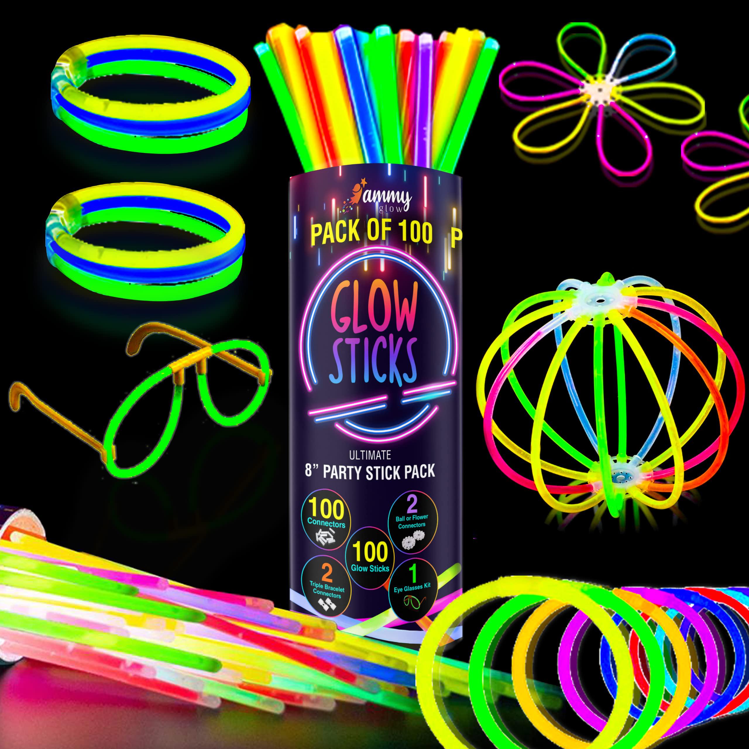 Ammy Glow 100 glow sticks bulk - glow in the dark party supplies with eye  glasses kit-bracelets necklaces and more-12 hours glow party
