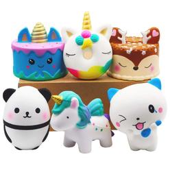 yoaushy 6 pcs squishies toy jumbo slow rising unicorn horse,cake,unicorn donut,panda,spoon cat set for kids party favors stre