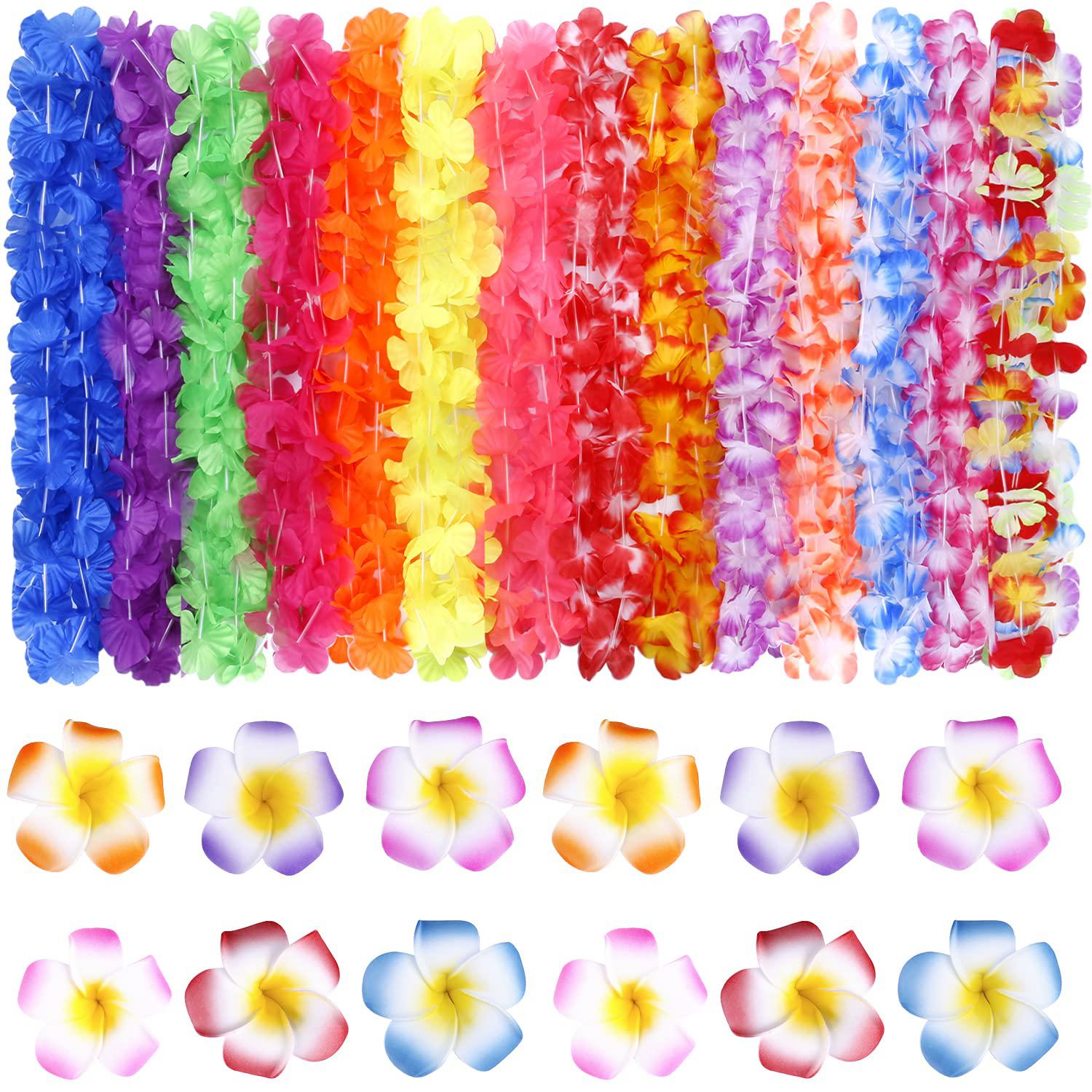 ginmic hawaiian leis, luau party favors supplies, 50pcs tropical hawaiian party necklace with 6 lei hair clips,for kids or ad