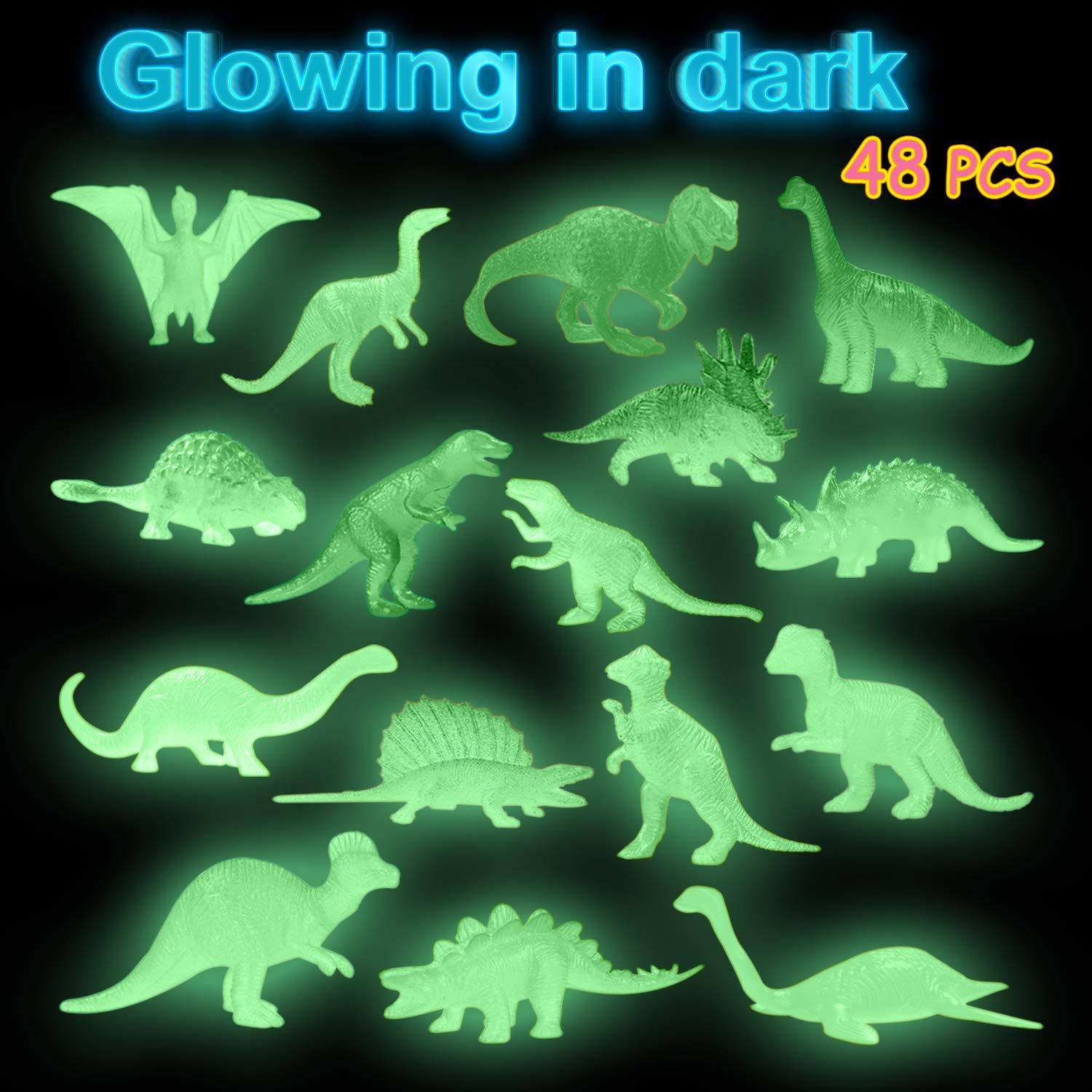 AugToy mini dinosaurs toys 48pcs glow in dark dino figure dinosaur party favors supplies birthday cup cake topper goodie bag bulk cl