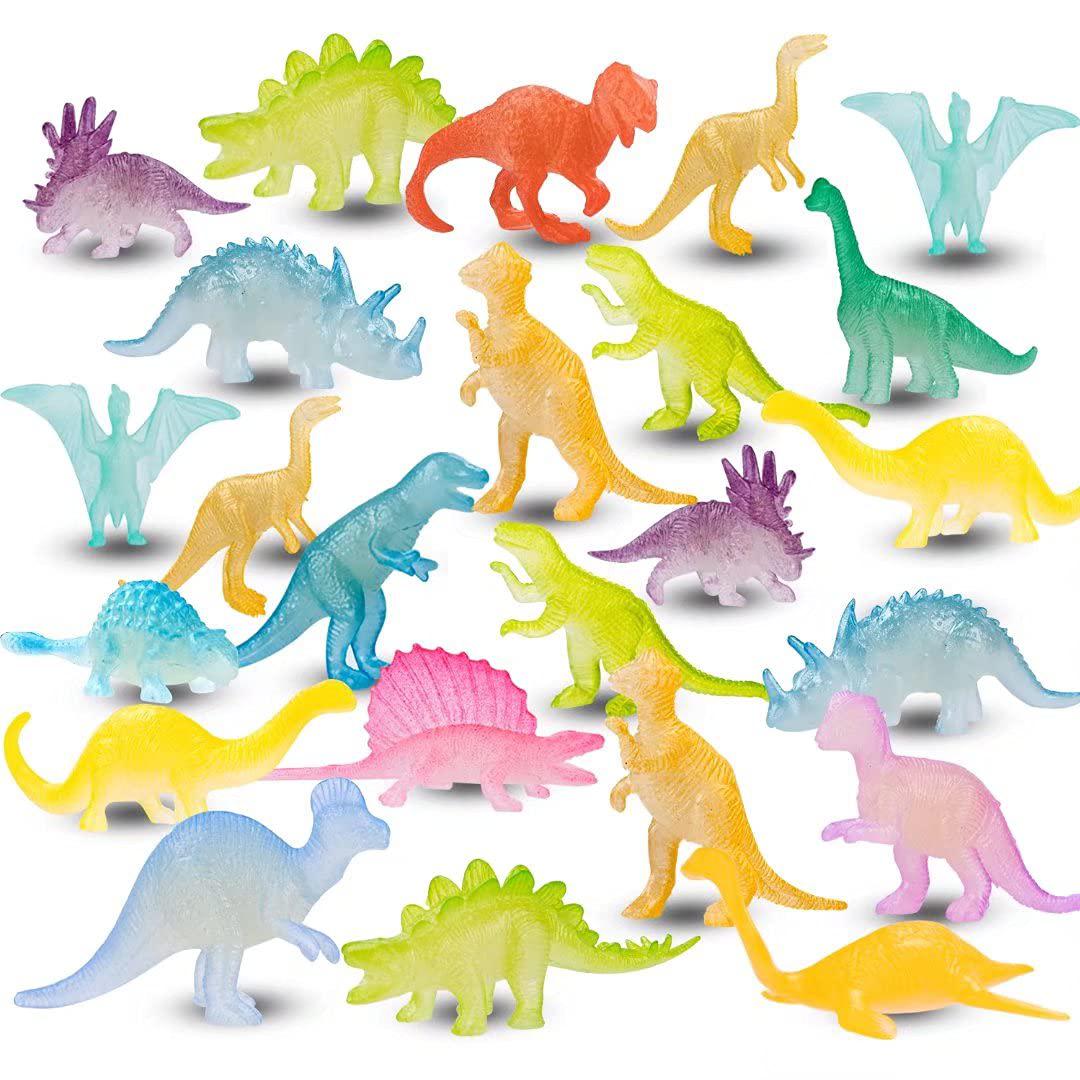 AugToy mini dinosaurs toys 48pcs glow in dark dino figure dinosaur party favors supplies birthday cup cake topper goodie bag bulk cl