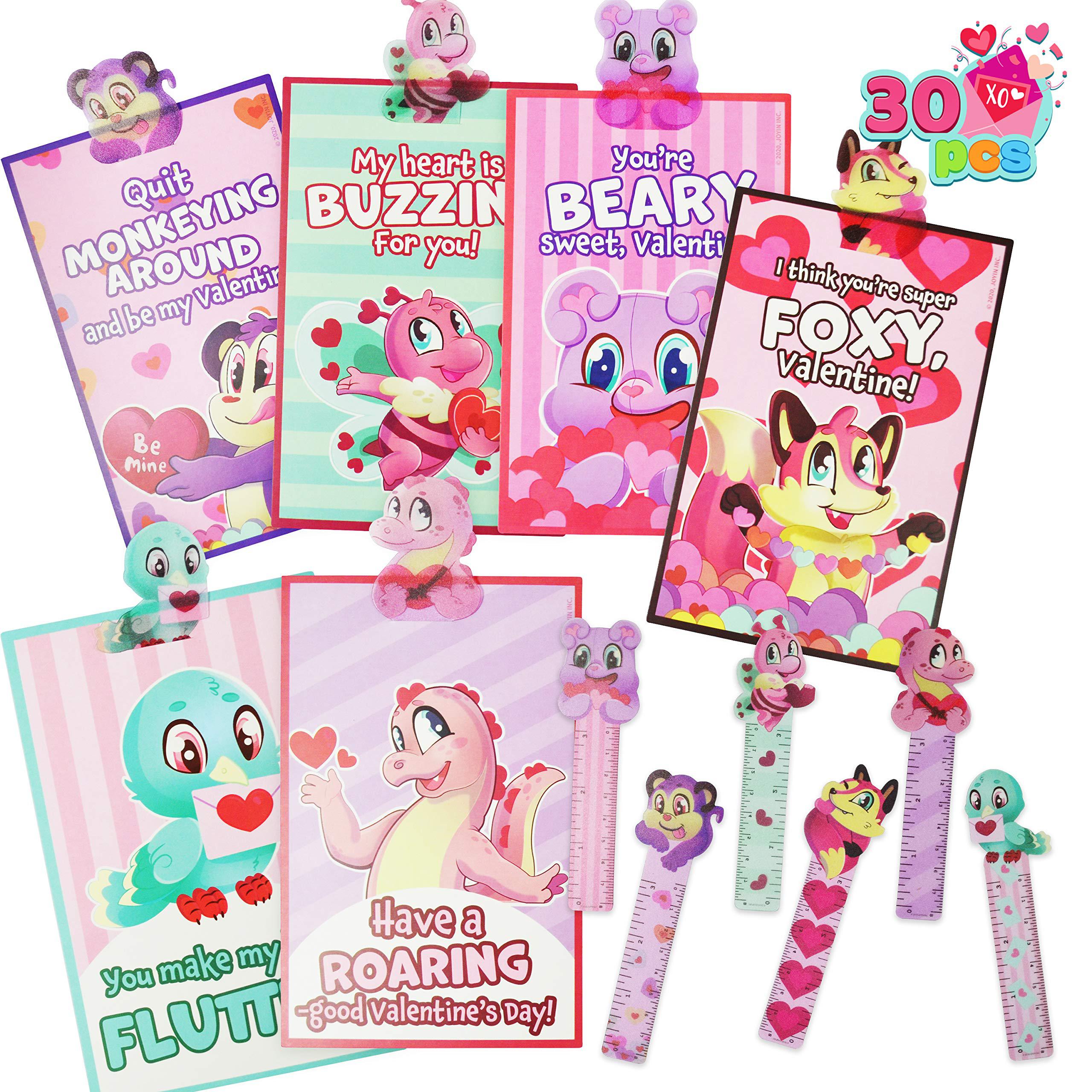 joyin 30 packs valentines cards and bookmark rulers set in 6 designs for kids classroom exchange prizes and gifts, valentines