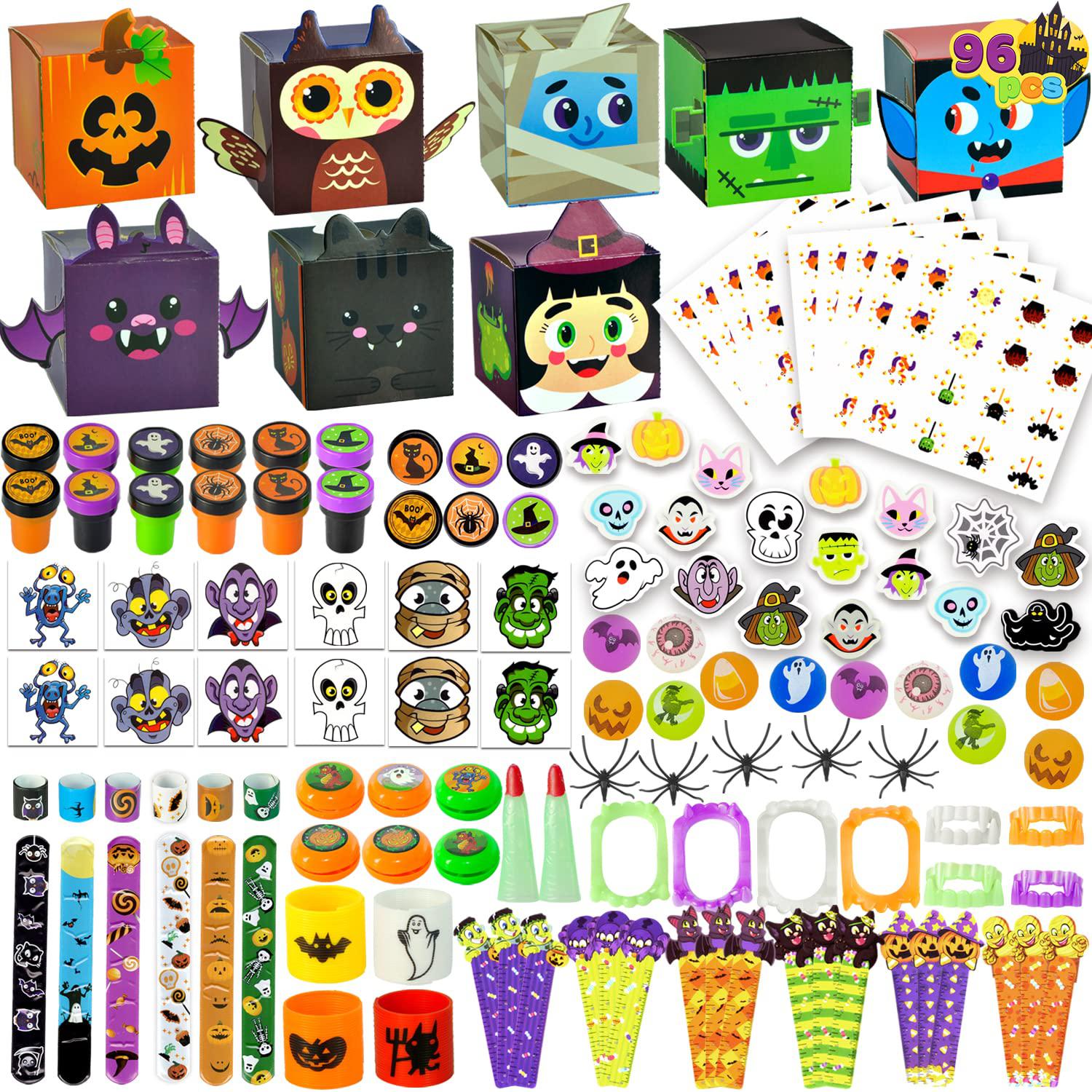JOYIN halloween 96pcs party favor toys with diy halloween treat boxes for kids, 24 packs halloween gift boxes for kids halloween tr