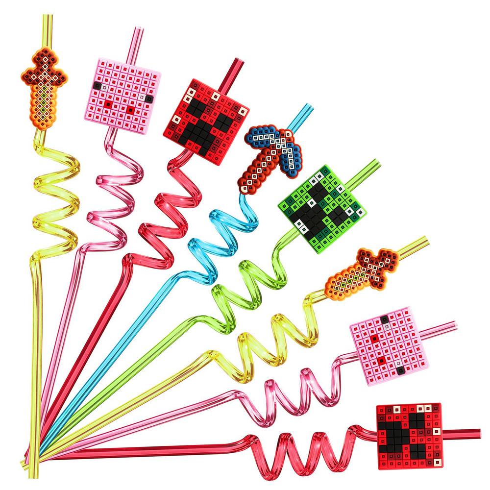 Lidmada 25 reusable pixel straws for miner craft party supplies favors, pixel spider creepah party supplies gift with 2 cleaning brus