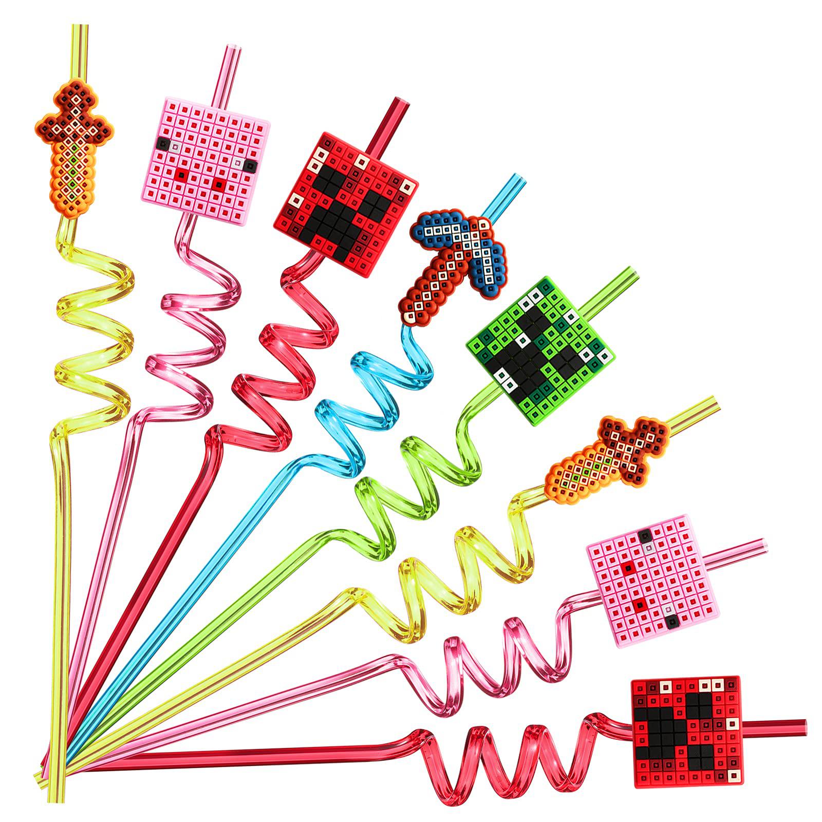 Lidmada 25 Reusable Pixel Straws for Miner Craft Party Supplies Favors, Pixel Spider Creepah Party Supplies Gift with 2 Cleaning Brushes