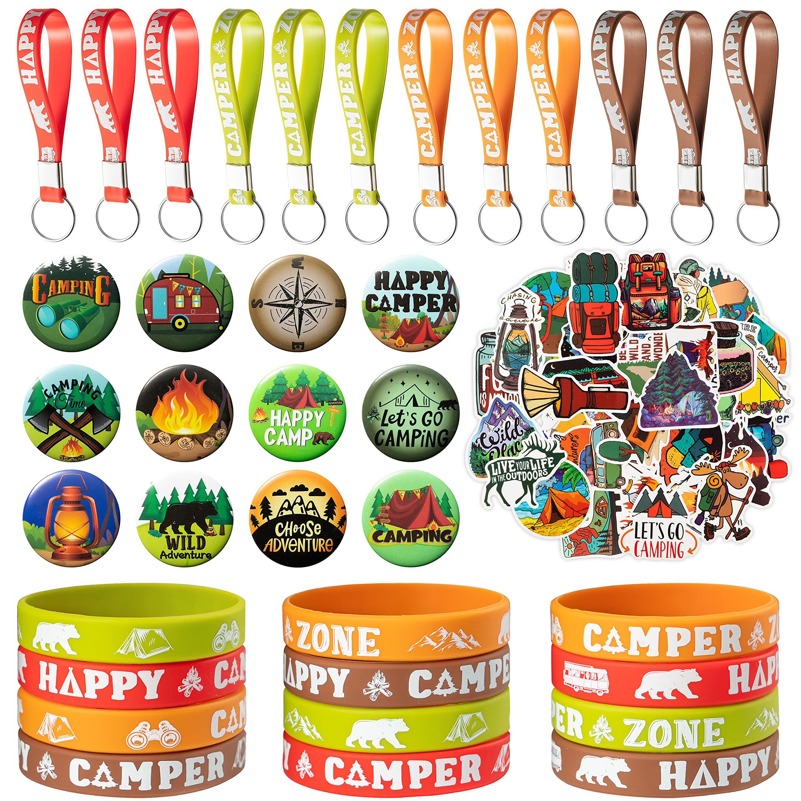 B2jkae 84pcs camp party supplies kit, camping party favors all-in-one pack party supplies include stickers keychain badge wristband 