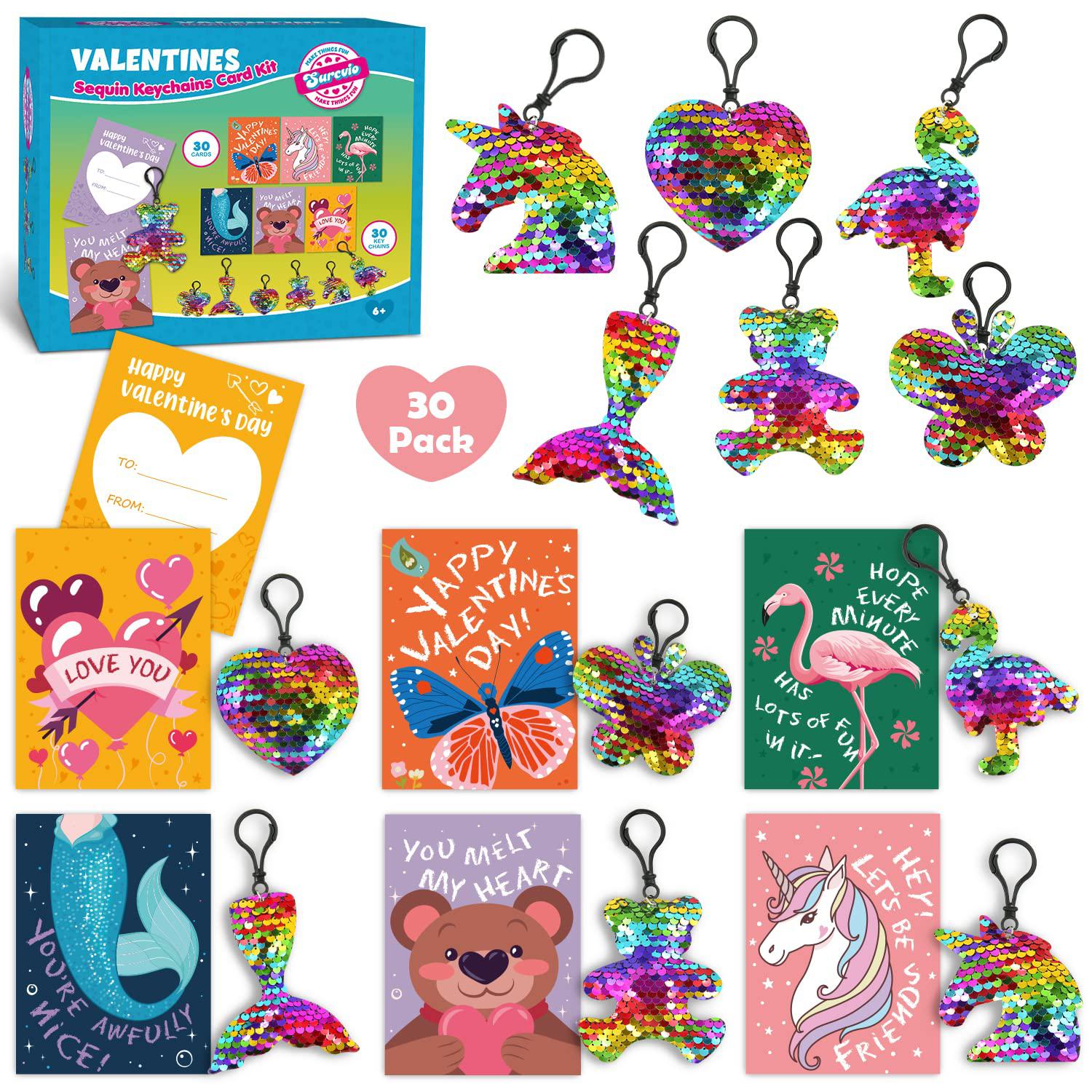 SURCVIO 30 Pack Valentines Day Gifts for Kids, Glitter Sequin Keychains with Valentines Greeting Cards for Kids, Valentine's