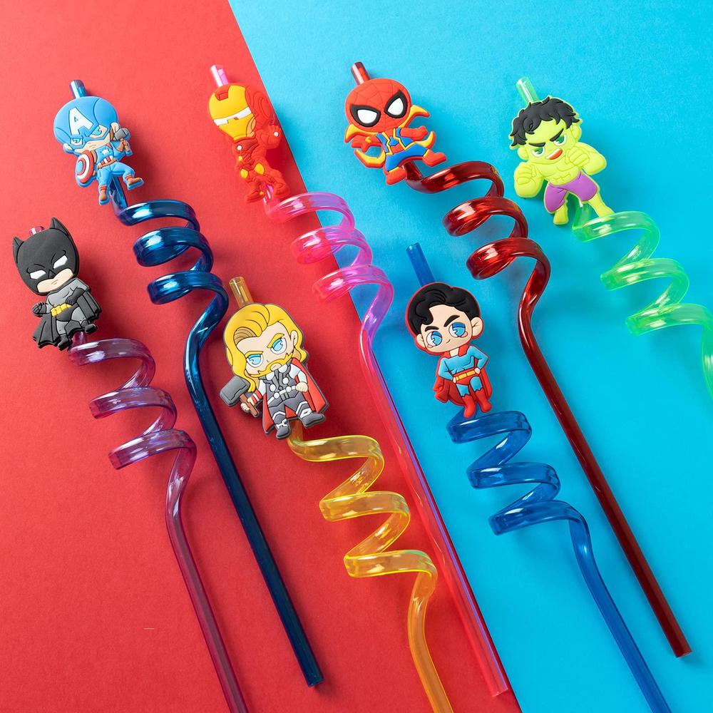 niteluo 25pcs superhero party favors reusable drinking straws,10 designs cartoon themed birthday party supplies with 2 cleani