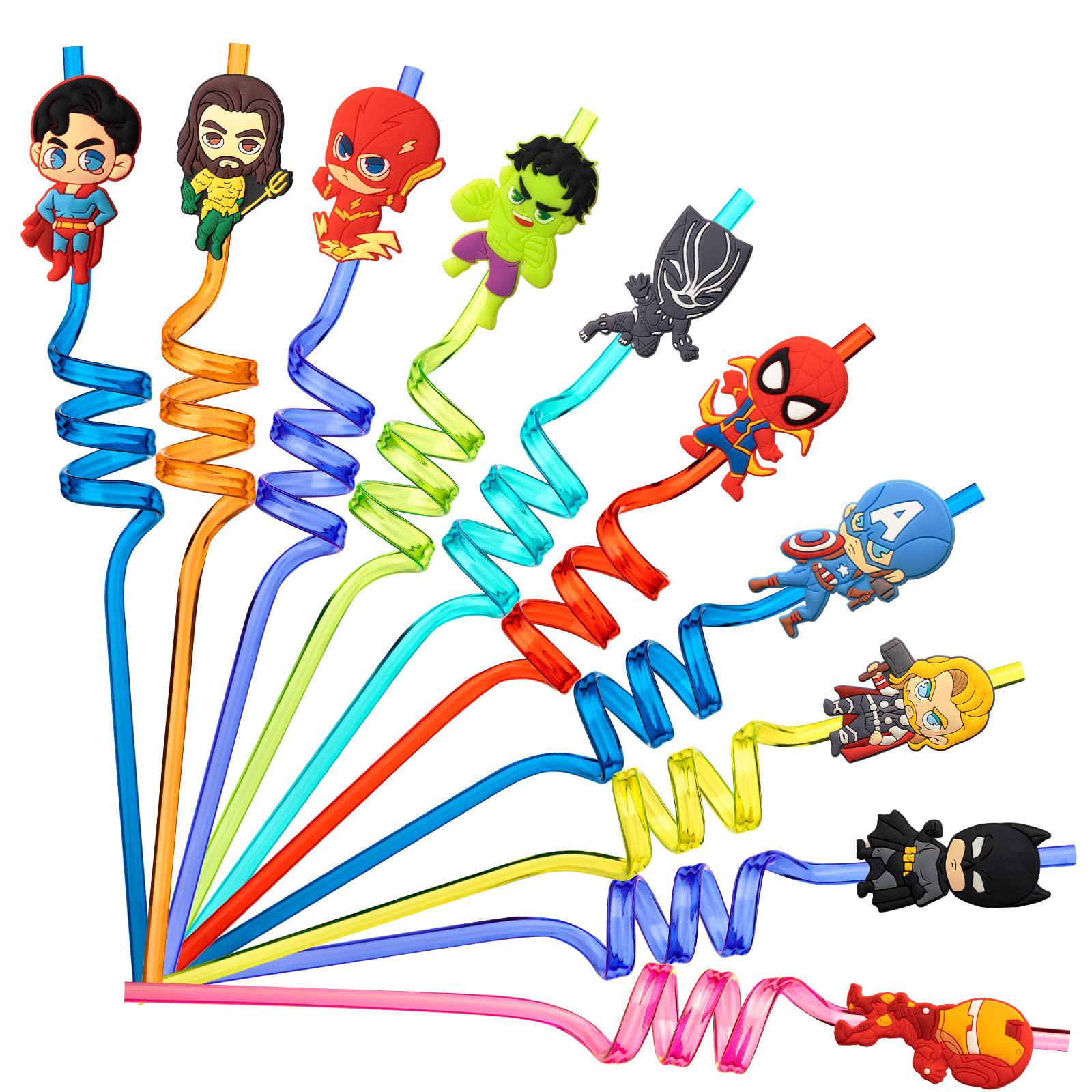 niteluo 25pcs superhero party favors reusable drinking straws,10 designs cartoon themed birthday party supplies with 2 cleani