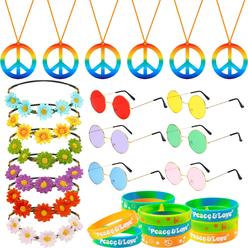 BANBALLON 30 pcs hippie party favors retro round sunglasses daisy flower headbands peace sign necklaces silicone bracelets for 60s 70s 