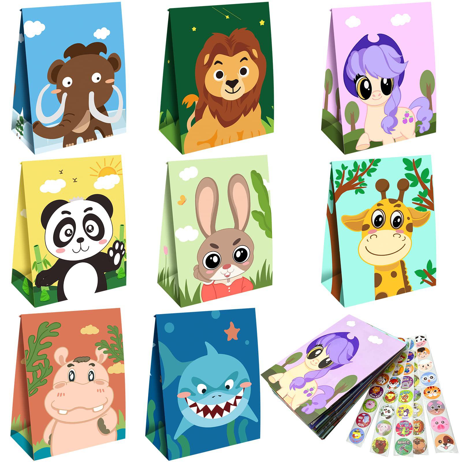 jiftok 24 pcs party favor bags for kids birthday party gift, animal goodie treat bags with 40 pcs sticker for baby shower dec
