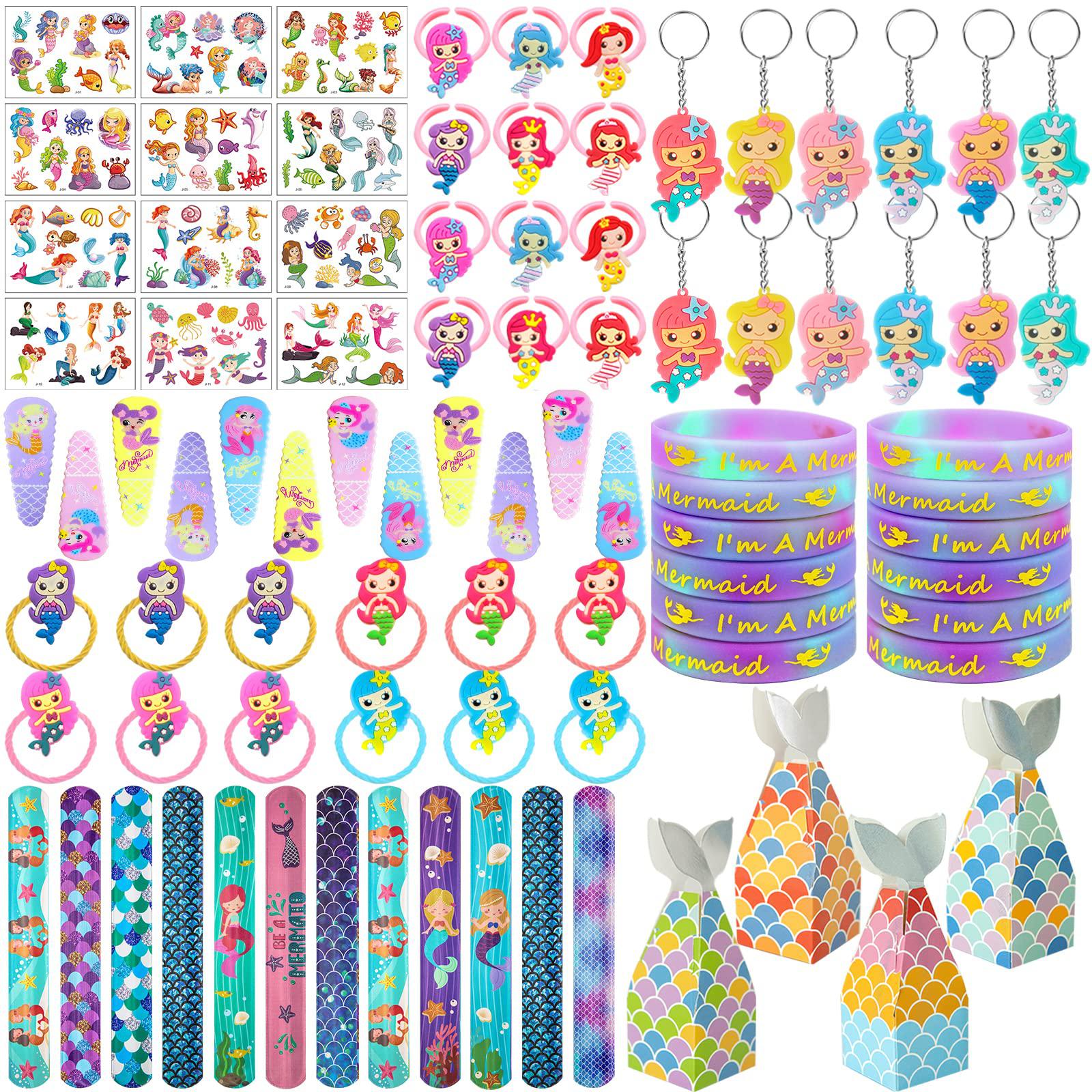 Bluegogo 96 pcs mermaid party favors for kids with bracelets keychains tattoo stickers slap bracelets rings rubber bands hairpins merm