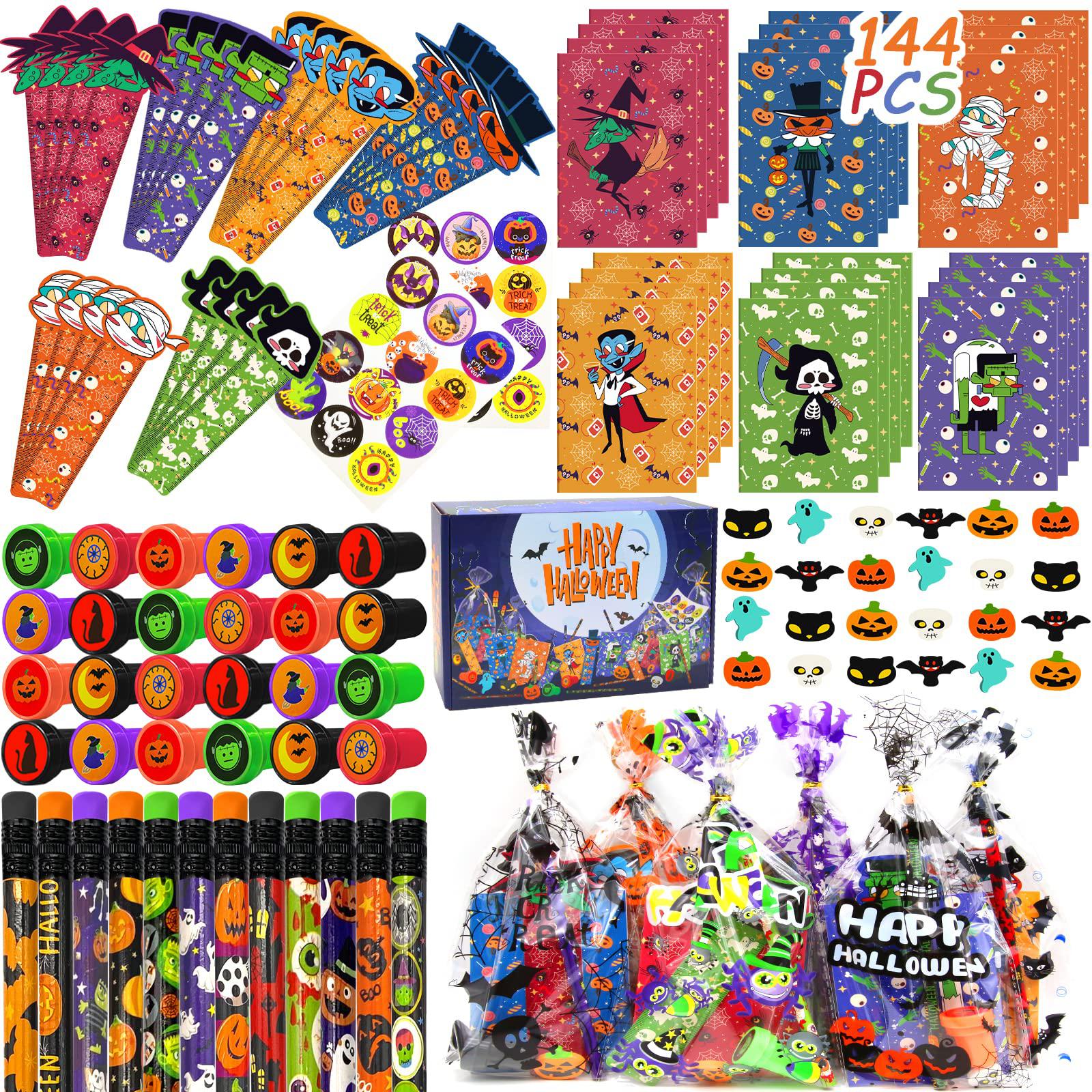 surcvio 168pcs halloween party favors stationery set for kids, halloween goody bag fillers including pencil, eraser, ruler, n