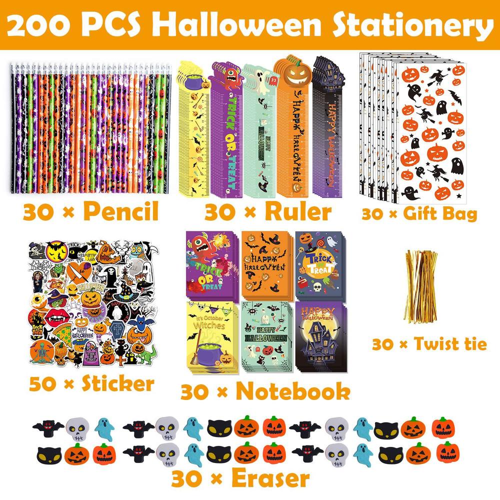 WOONOO 200pcs halloween party favors for kids stationery set, 30 pack assorted halloween goodie bag fillers, bulk halloween treats b