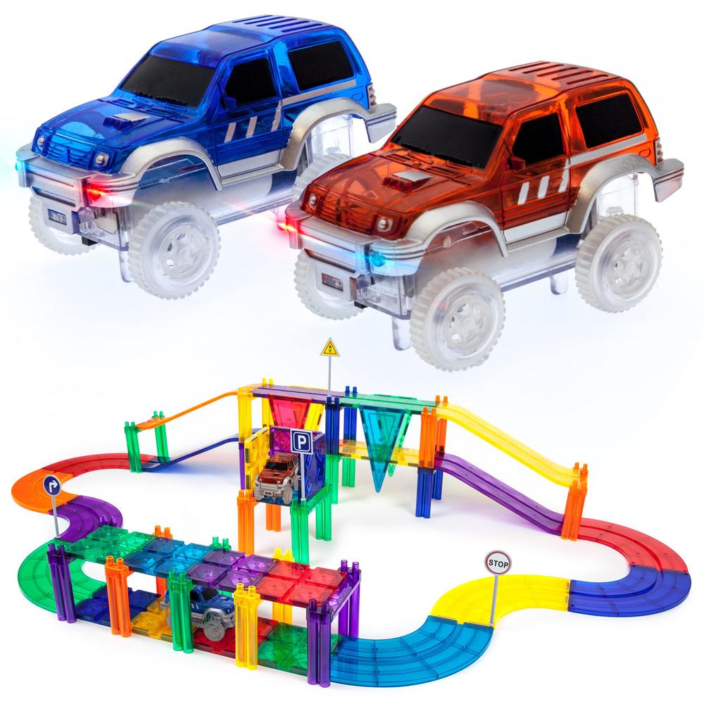 picassotiles 50 piece race car track building block educational toy set magnetic tiles magnet diy playset 2 light up car stem