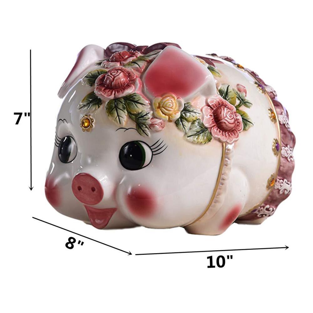 forlong fl2032 ceramic large piggy bank for girl ?coin bank?money box ,hand painted rose flower pig design (10" l)