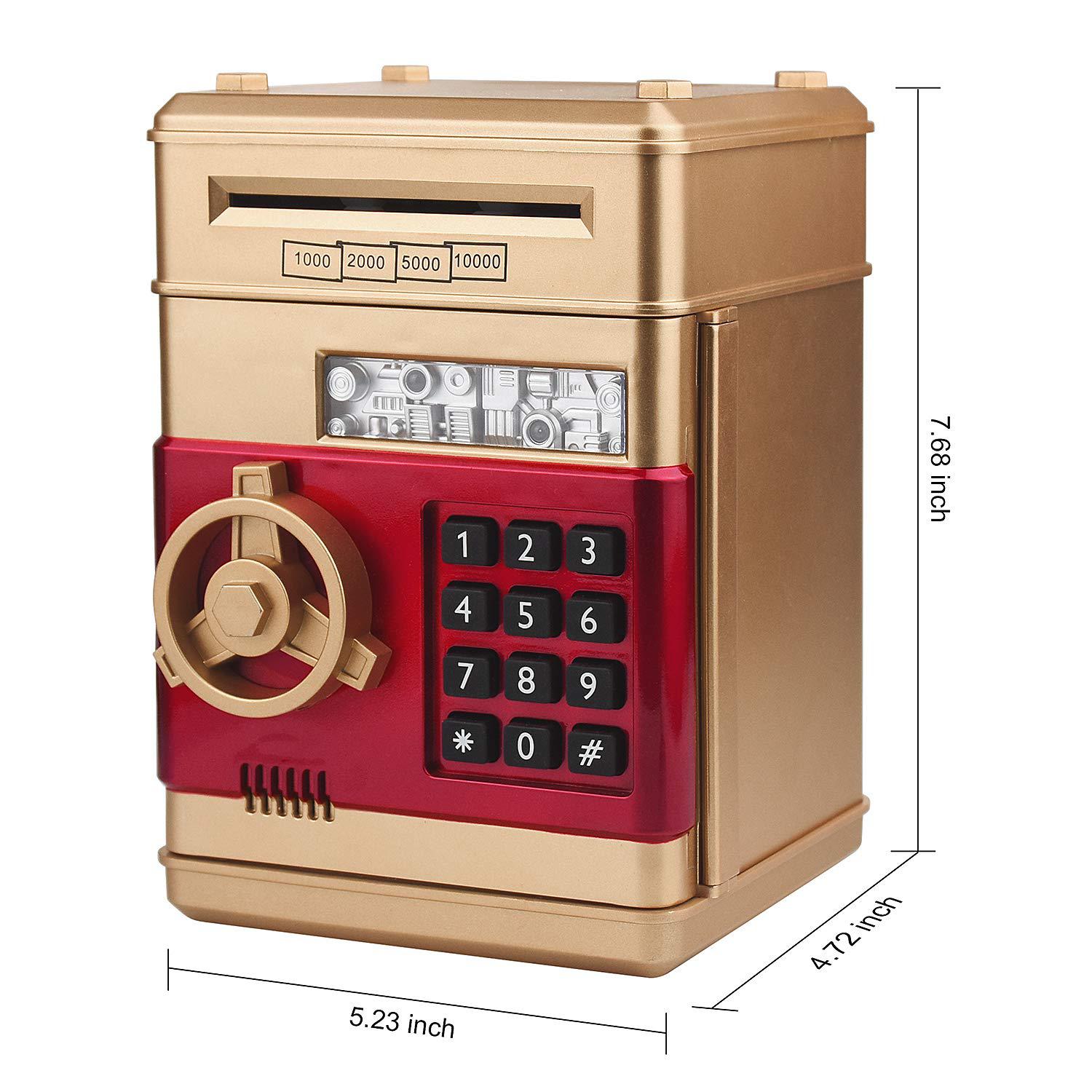 setibre piggy bank, electronic atm password cash coin can auto scroll paper money saving box toy gift for kids (gold)