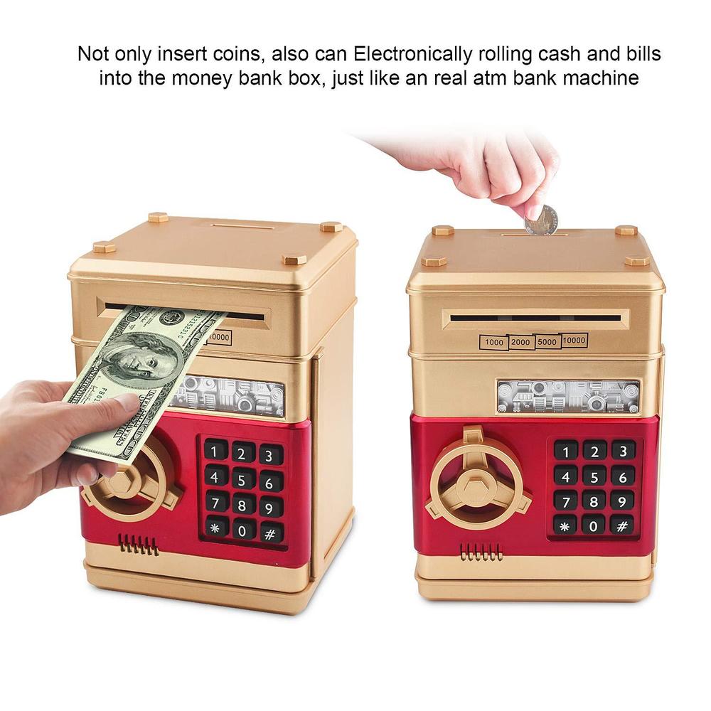 setibre piggy bank, electronic atm password cash coin can auto scroll paper money saving box toy gift for kids (gold)