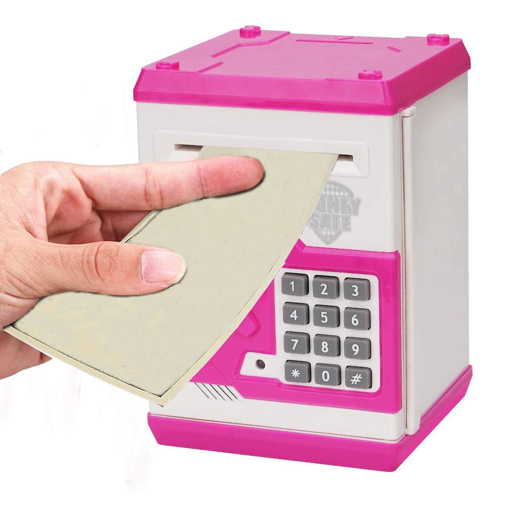 renvdsa cartoon electronic atm password piggy bank cash coin can auto scroll paper money saving box gift for kids (white pink