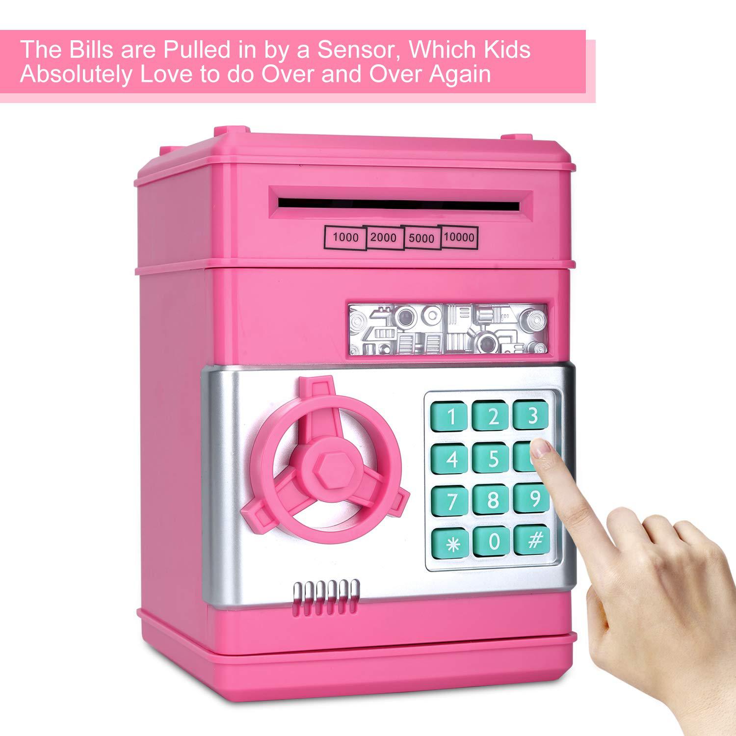 renvdsa cartoon electronic atm password piggy bank cash coin can auto scroll paper money saving box gift for kids (pink)