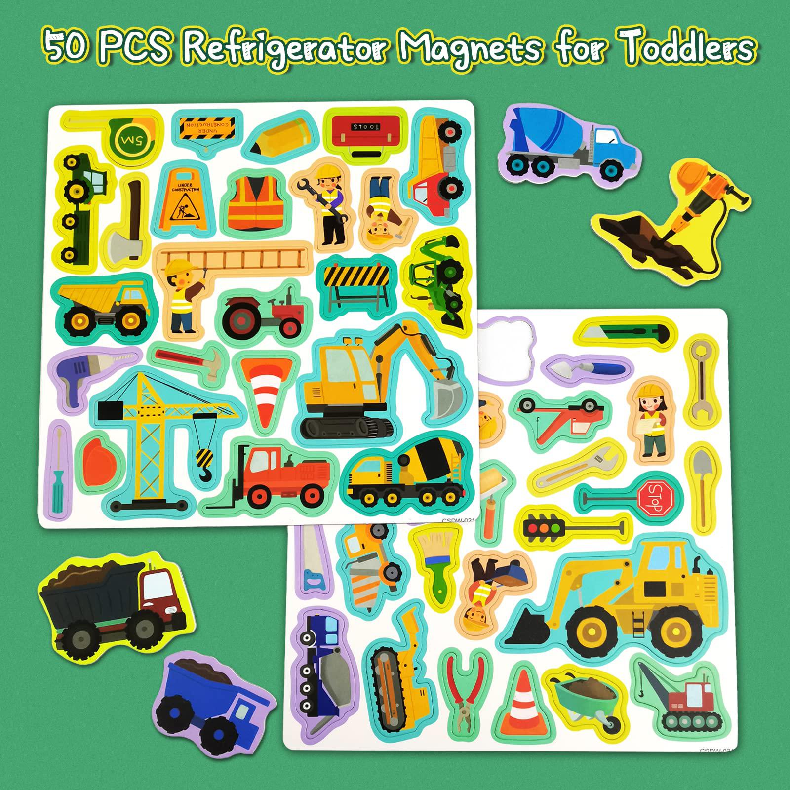 xylolin construction site fridge magnets for toddlers, 50 pcs refrigerator magnets for kids, create a scene magnetic play sticker boo
