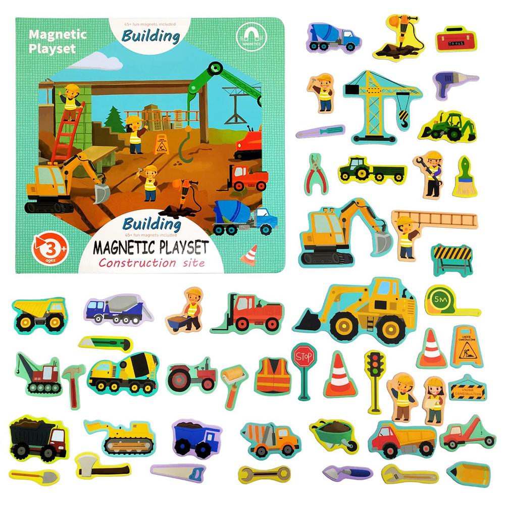xylolin construction site fridge magnets for toddlers, 50 pcs refrigerator magnets for kids, create a scene magnetic play sticker boo