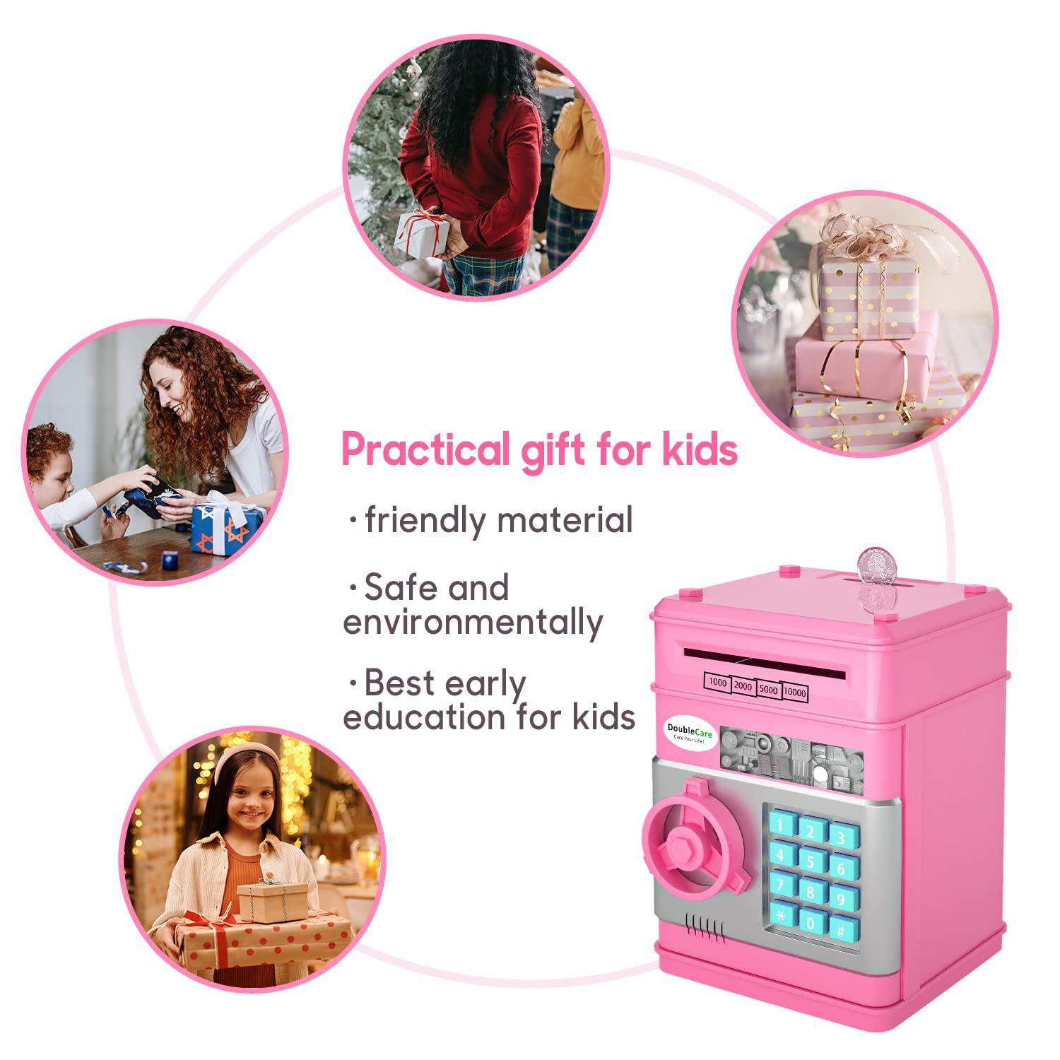 DoubleCare electronic piggy bank for kids, money bank with password/music cute mini atm piggy bank coin can,auto scroll cash safe box, g