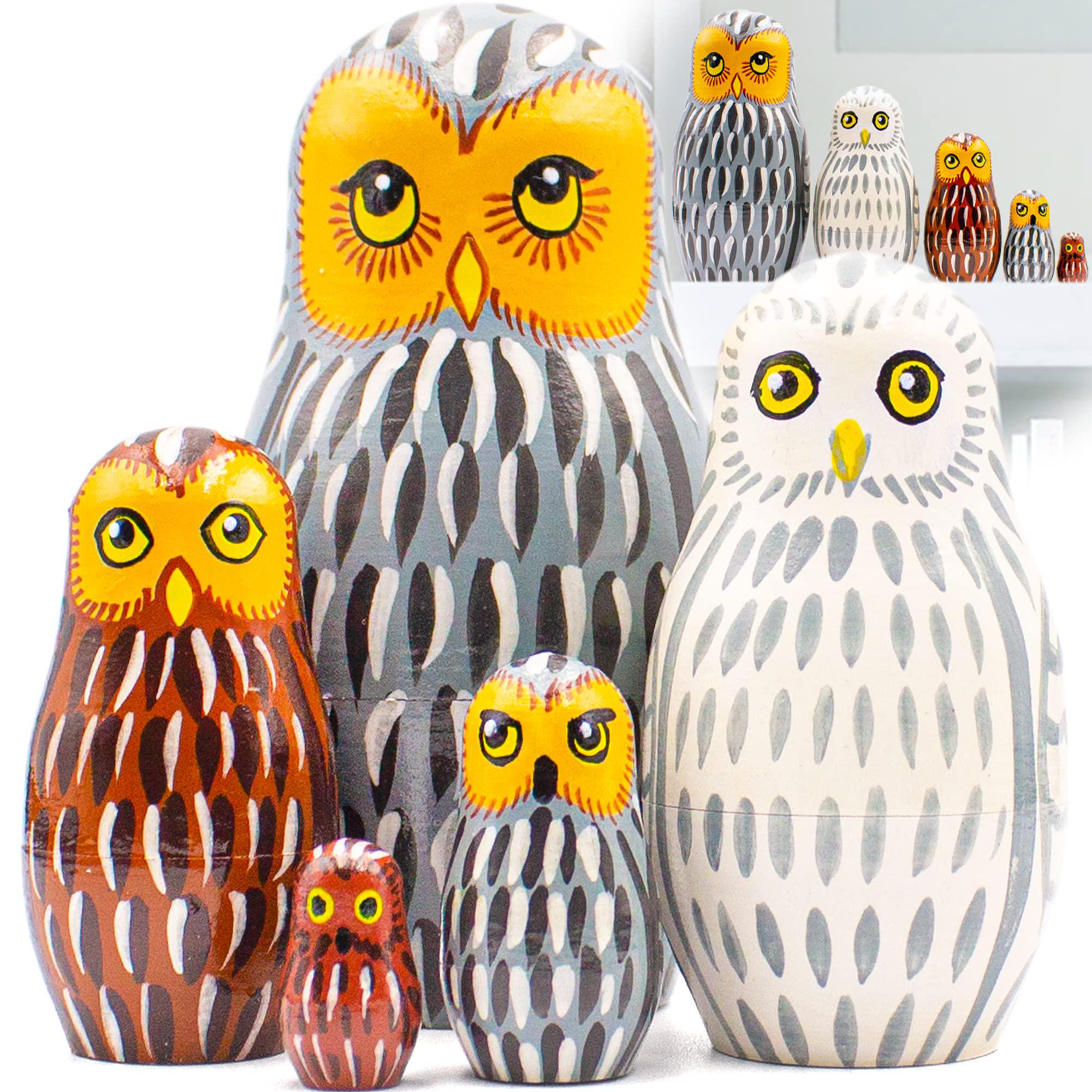 AEVVV owl nesting dolls set of 5 pcs - matryoshka doll with decorative owl figurines - owl stuff - owl gifts - wood owl decor - owl