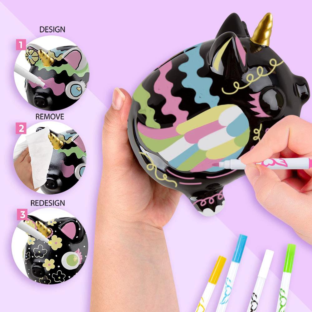 fashion angels design your own piggy bank - ceramic unicorn piggy bank with markers and eraser - design and redesign - ages 8