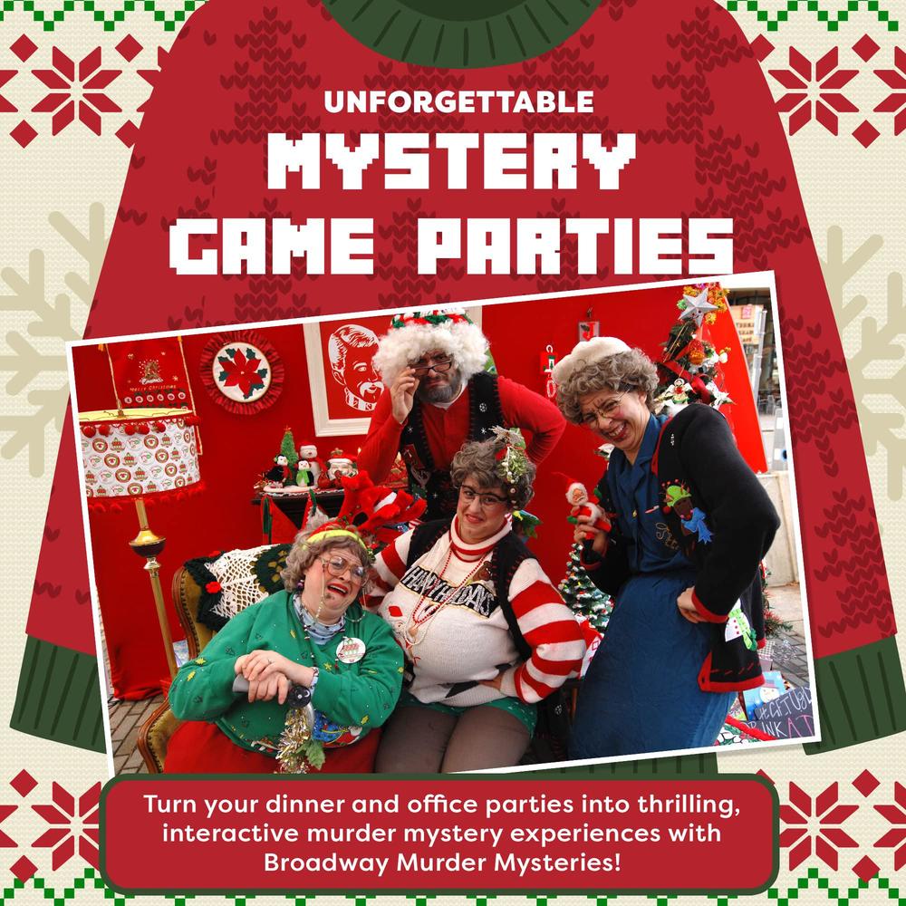 broadway murder mysteries murder at the office ugly sweater party | murder mystery games | mystery games for ages 13+, in-person & virtual detective ga