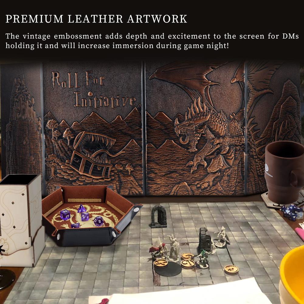 CZYY dnd dungeon master screen faux leather embossed dragon & mimic, four-panel with pockets dm screen for dungeons and dragon, pa
