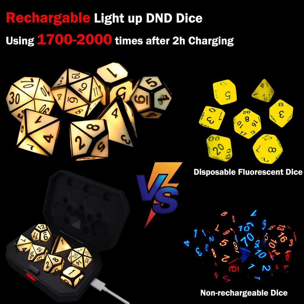 SEEROOTOYS light up dnd dice, usb rechargeable electric dice with charging box, 7 pcs glowing polyhedral dice set, shake to led d&d dice