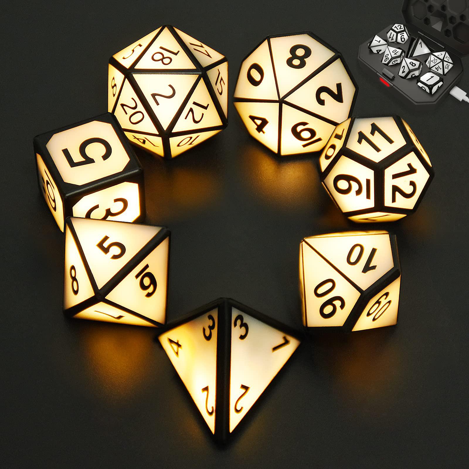 SEEROOTOYS light up dnd dice, usb rechargeable electric dice with charging box, 7 pcs glowing polyhedral dice set, shake to led d&d dice
