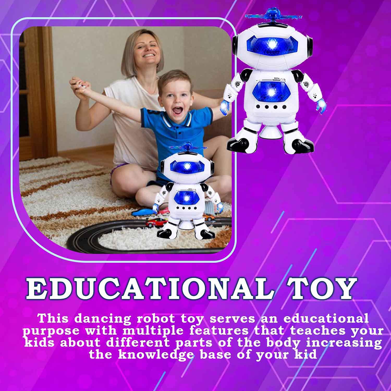 toysery walking robot toys for kids - 360 body spinning dancing robot toy with led lights flashing and music, smart interacti