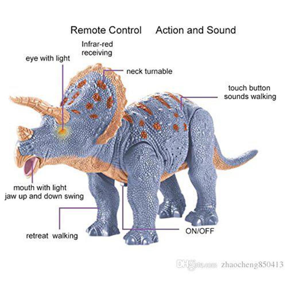 liberty imports dino planet remote control rc walking dinosaur toy with shaking head, light up eyes and sounds (triceratops)