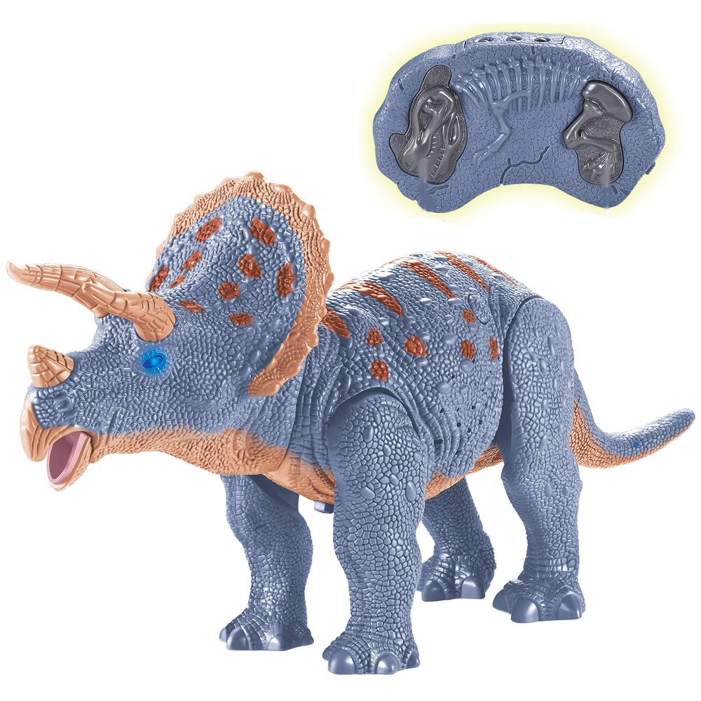 liberty imports dino planet remote control rc walking dinosaur toy with shaking head, light up eyes and sounds (triceratops)