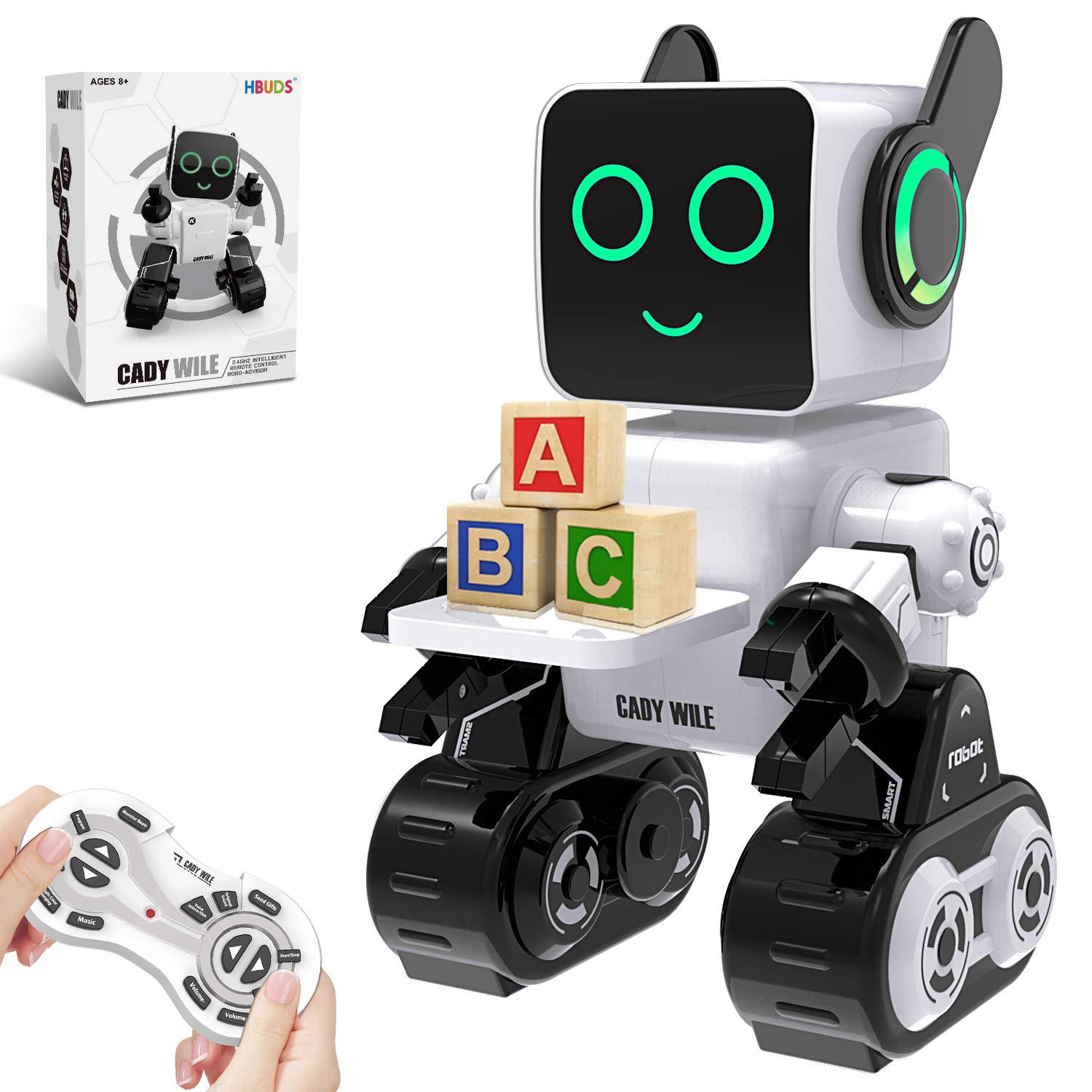 hbuds robots for kids, remote control robot toy intelligent interactive robot led light speaks dance moves built-in coin bank progr