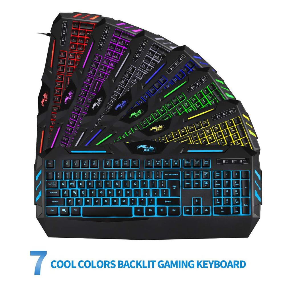 bakth 7 colors led backlit gaming keyboard, mechanical feeling and waterproof, illuminated usb wired keyboard for pro pc game