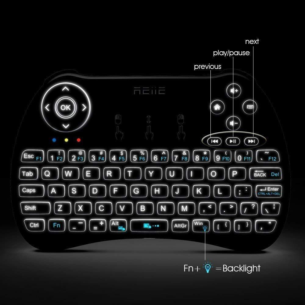 REIIE (backlit version)reiie h9+ backlit wireless mini handheld remote keyboard with touchpad work for pc,raspberry pi 2, pad, smar