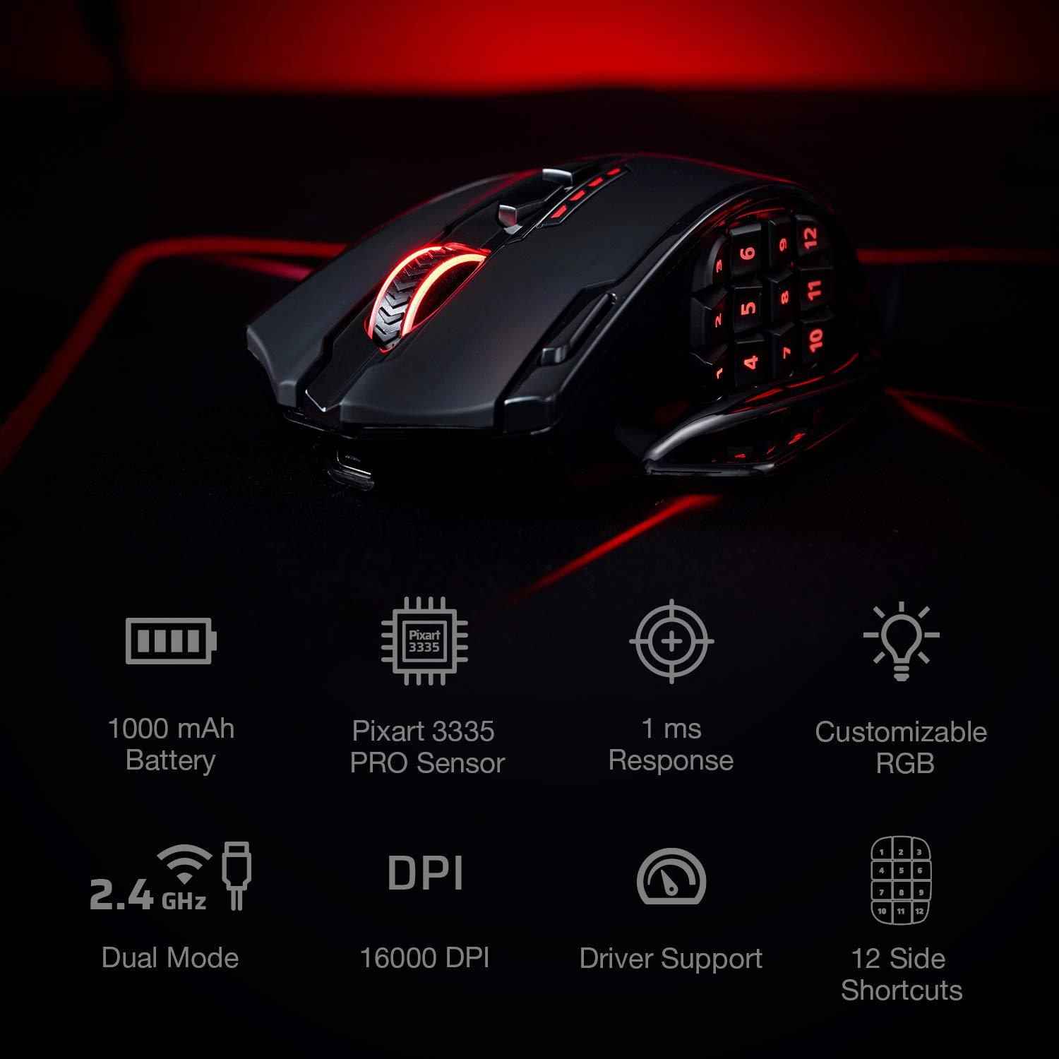 redragon m913 impact elite wireless gaming mouse, 16000 dpi wired/wireless rgb gamer mouse with 16 programmable buttons, 45 h