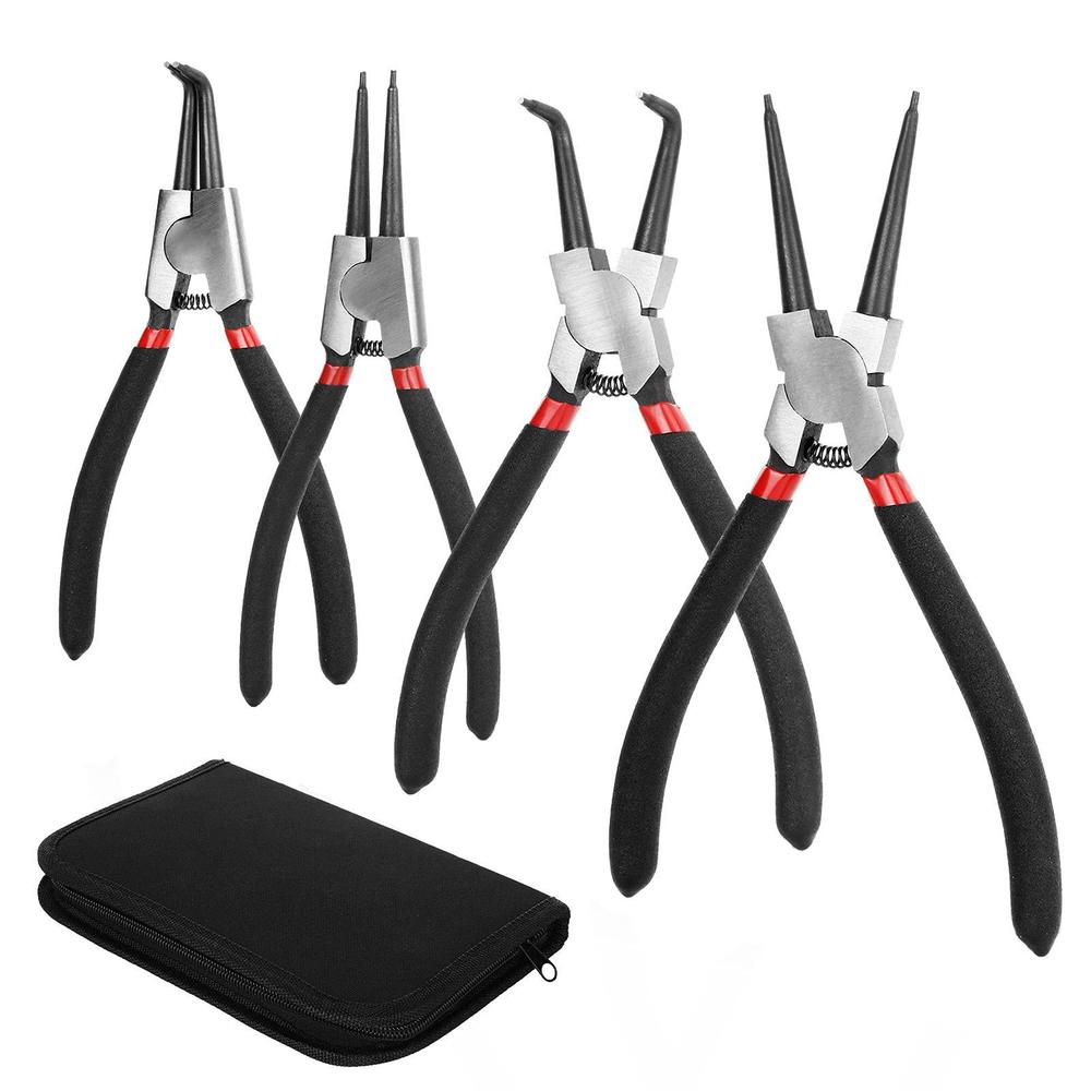 EOEXN 4 piece 7-inch internal/external snap ring pliers set heavy duty circlip pliers kit straight/bent jaw pliers for ring remover