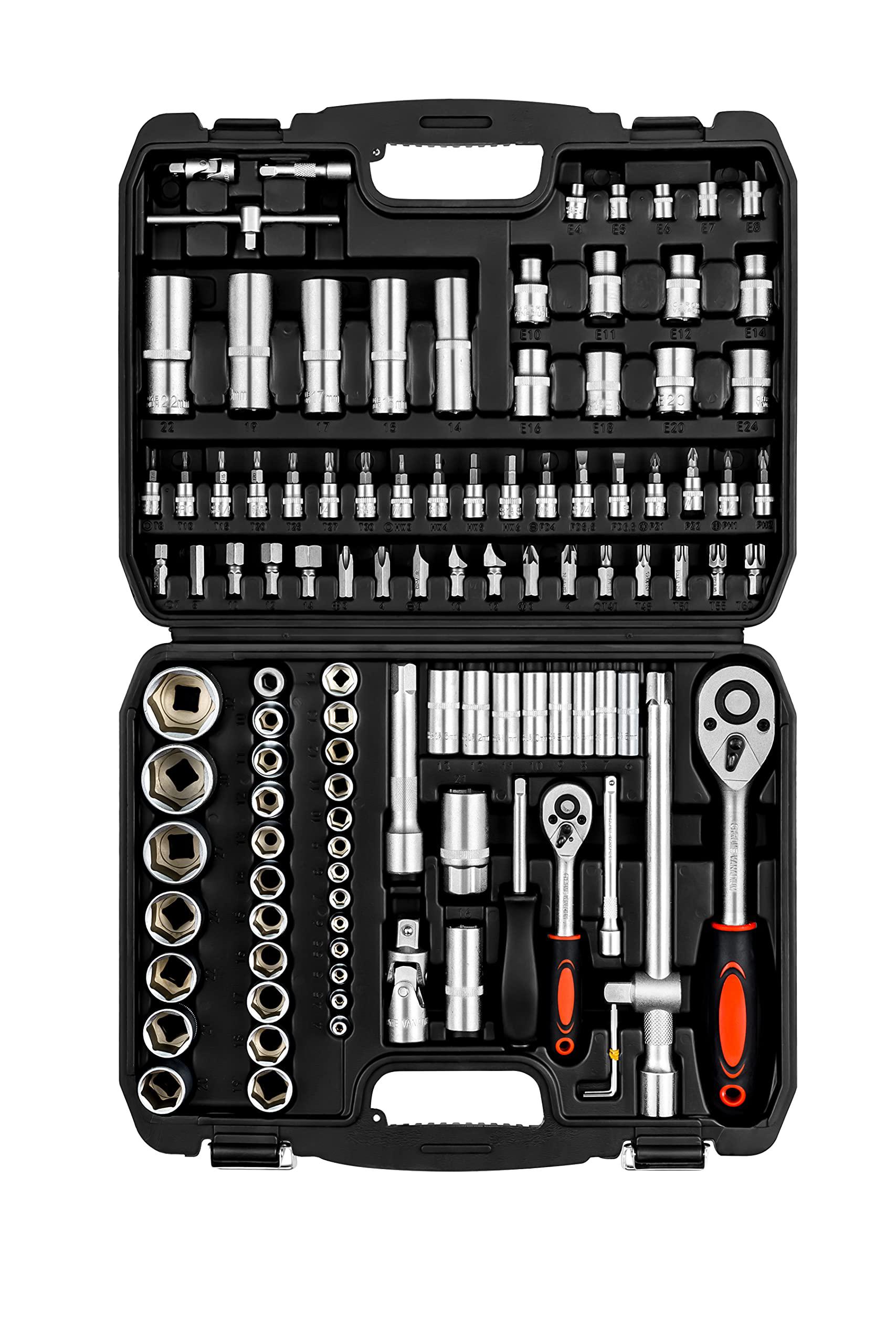 XHTT 108piece socket wrench and metric 1/4 and 1/2 drive socket set, extension bars, sockets,quick release reversible ratchet wren