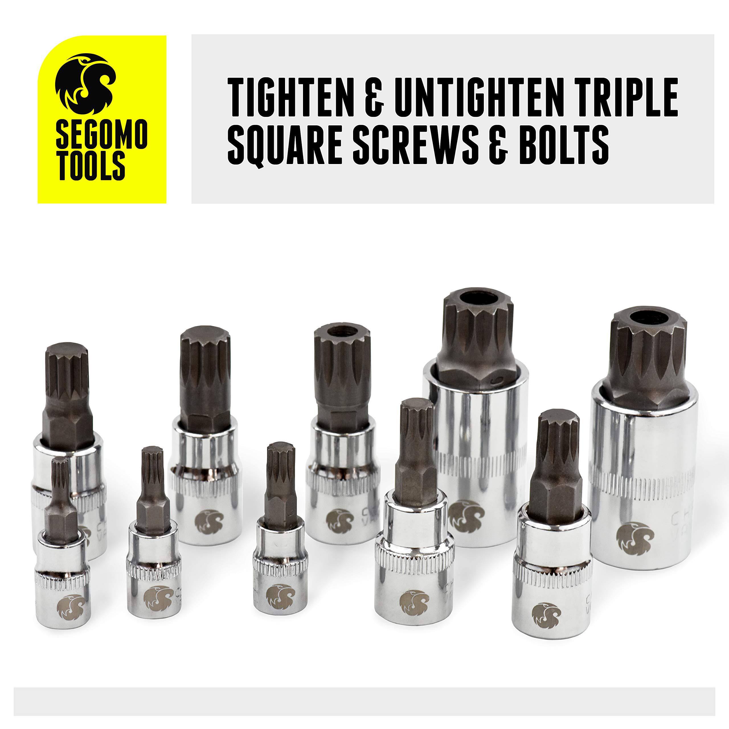 segomo tools 10 piece triple square socket set - mixed drive triple square bit set - metric xzn spline socket set - european 