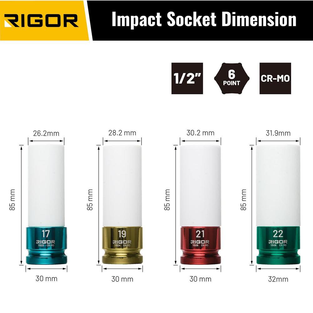 rigor 11516 non-marring lug nut socket set | wheel protector impact socket set | 1/2" drive, 6 point, cr-mo | metric 17mm, 19