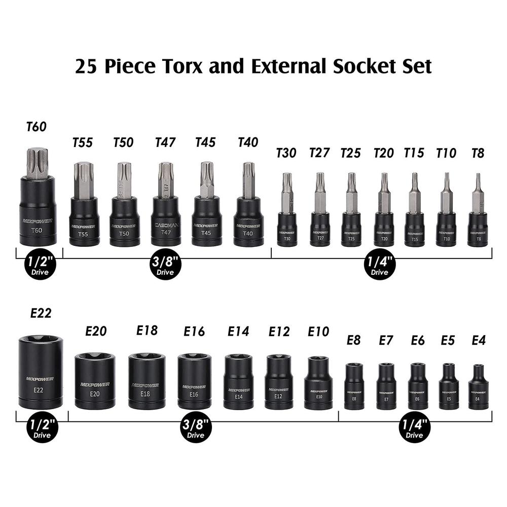 mixpower 25 piece torx bit socket and female external socket set, 13 star socket bits (t8- t60)& 12 female e-torx sockets (e4