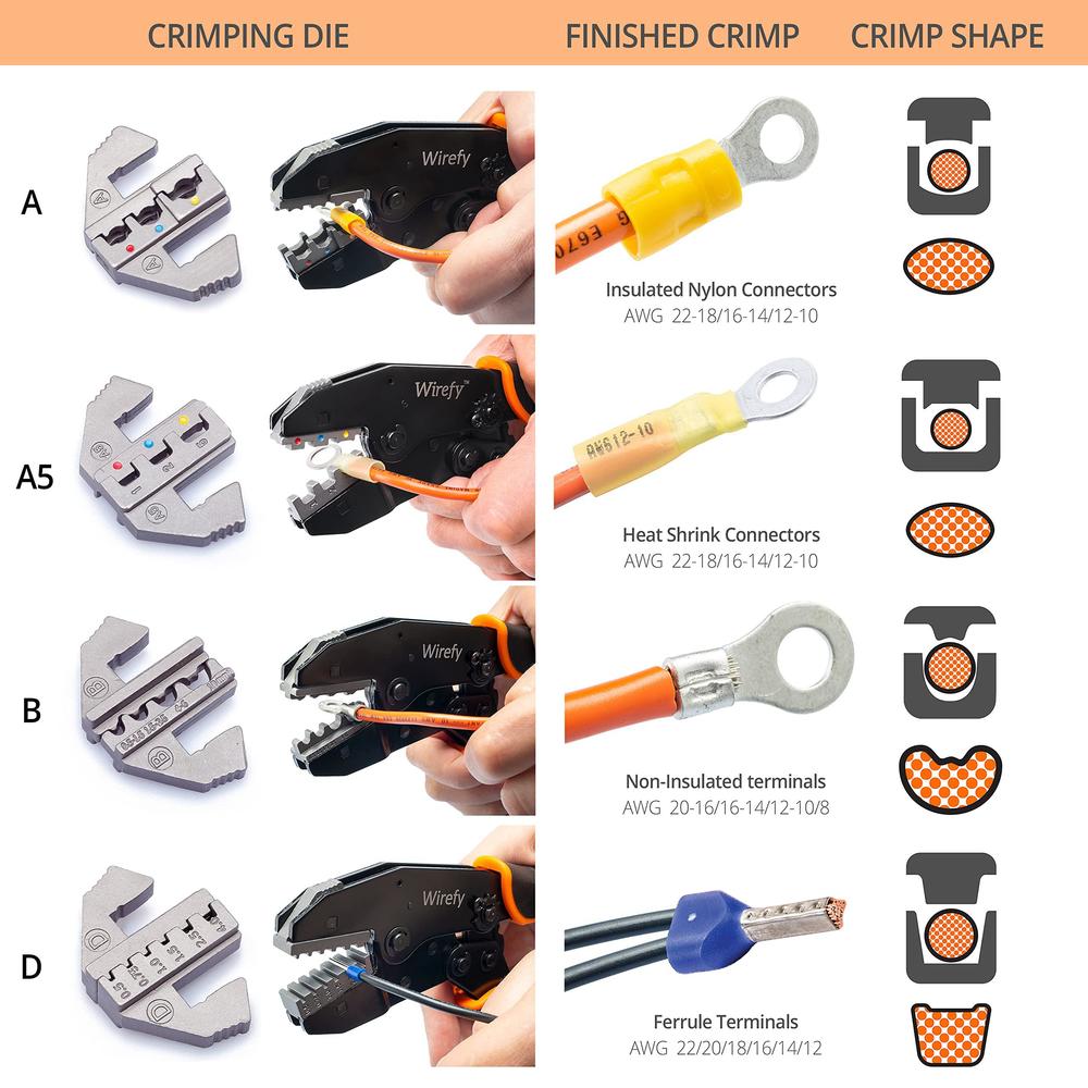 wirefy crimping tool set 5 pcs - ratcheting wire crimper - for heat shrink, nylon, non-insulated connectors, ferrule terminal